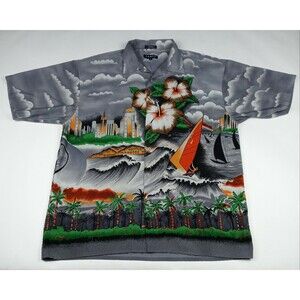 KOMAN Sport Hawaiian Shirt Palm Trees Windsurfing Men's Size XL Tropical